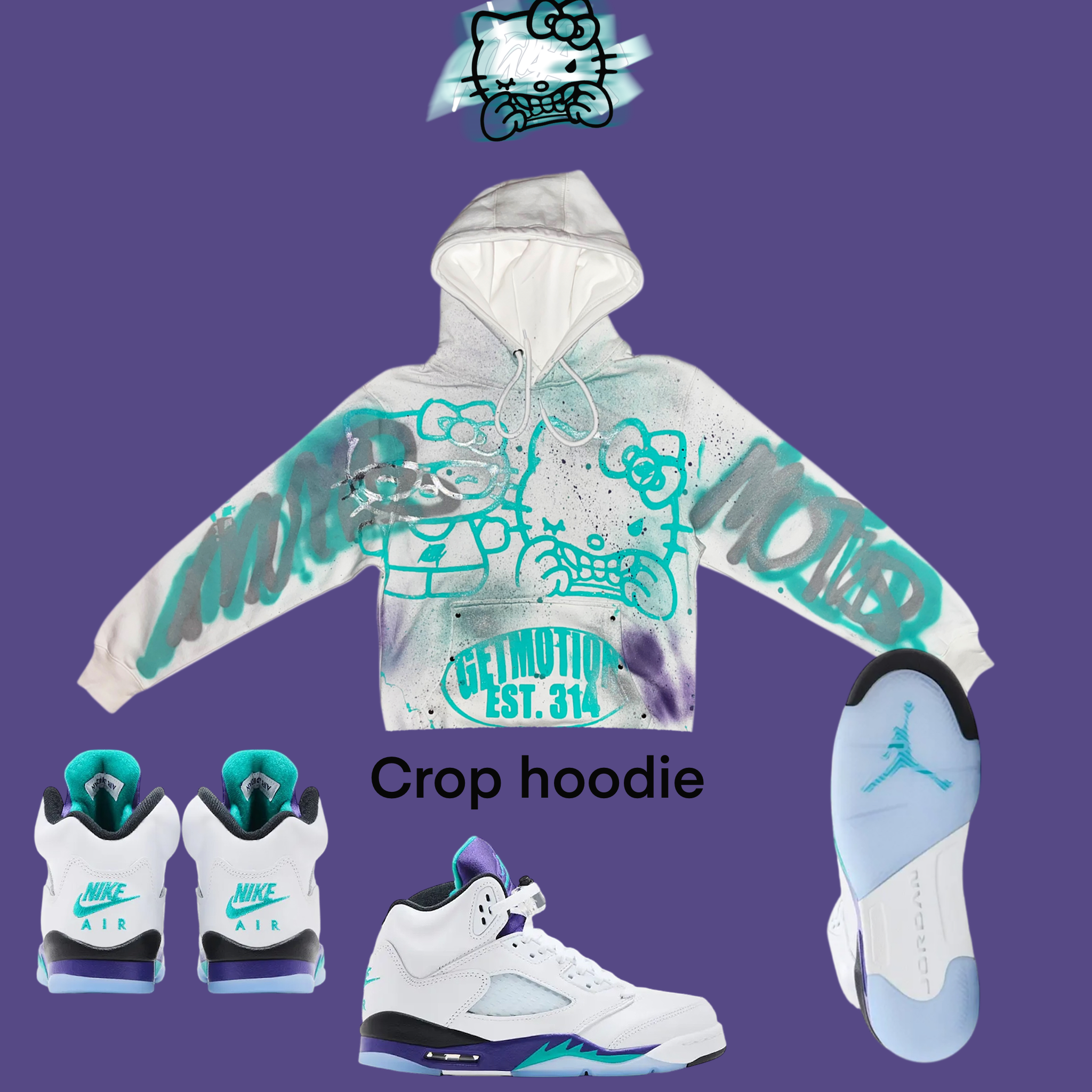 Crop Grape kitty graffiti hoodie